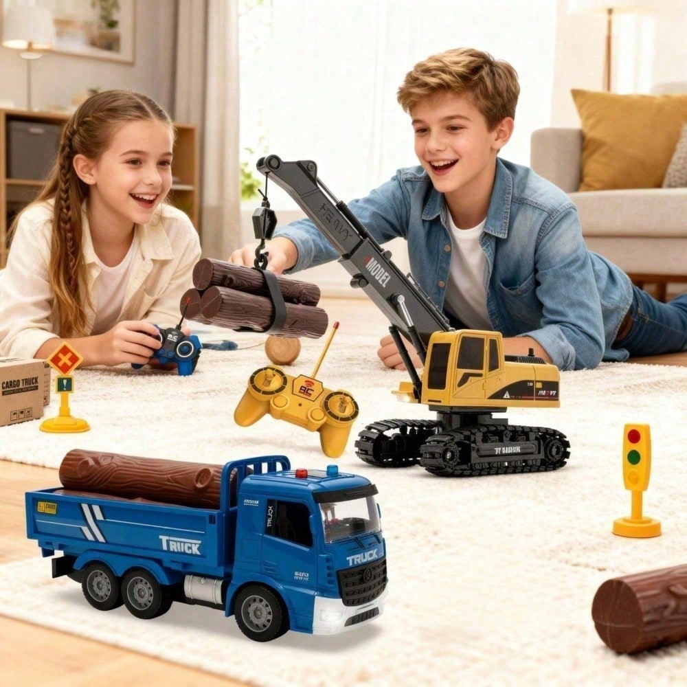 Kids 2 In 1 RC Crane Truck. An Educational Construction Toy With Flashing Lights, Logs, And DIY Accessories. A Fun And Interactive Christmas Present That Encourages Creativity And Problem Solving.